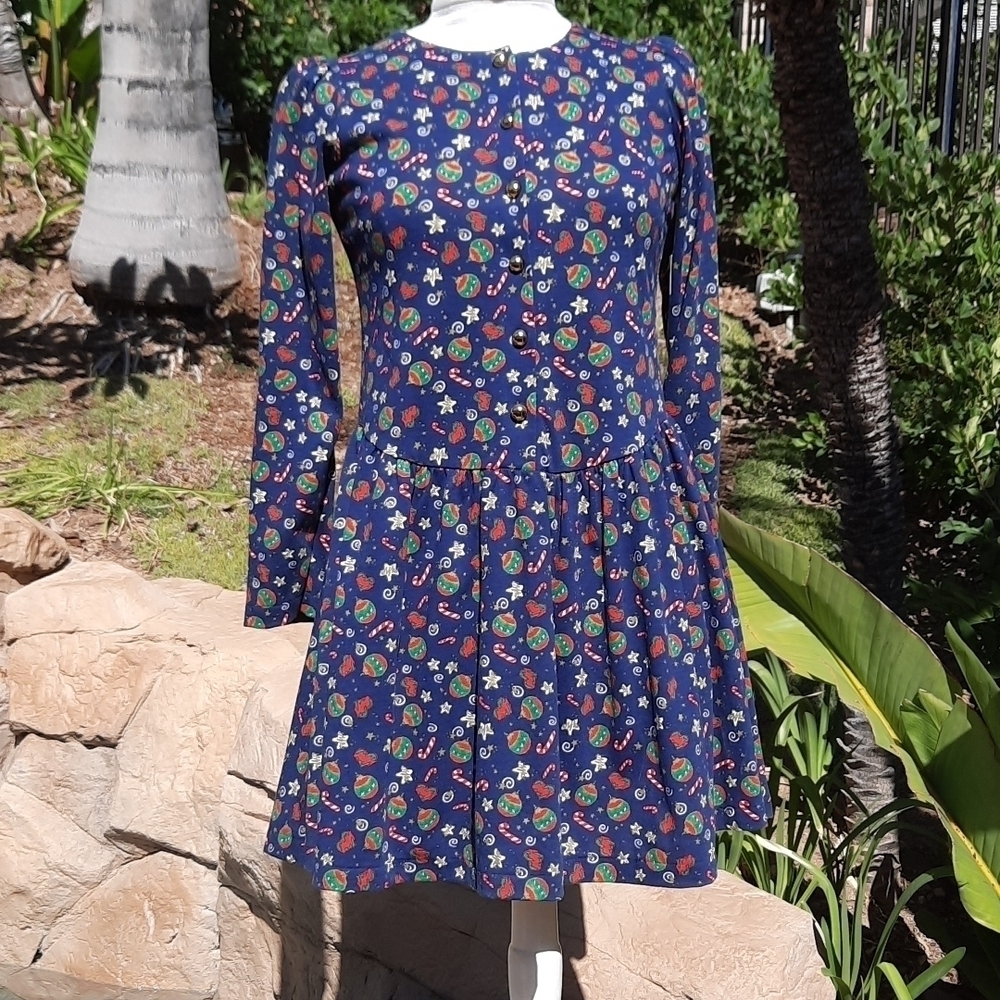 Christie Brooks vintage navy long sleeve Ugly Christmas print dress small new